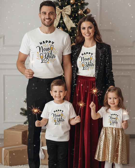 Camisetas personalizadas Año Nuevo 2026 con impresión DTF para familia