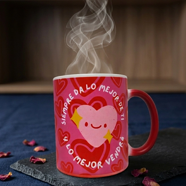 mug mágico rojo personalizado que revela imagen con bebida caliente