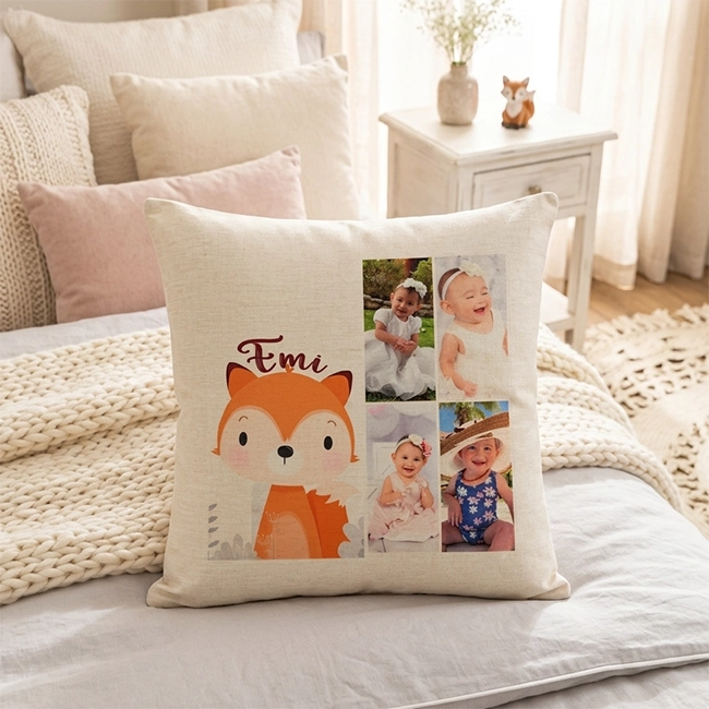 Funda de cojín personalizada con fotografías y diseño infantil impreso mediante sublimación sobre tela beige con textura tipo lino.