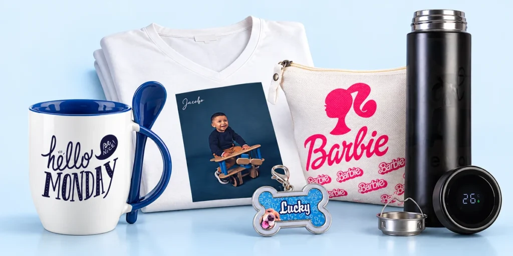 Regalos personalizados: mug con cuchara, camiseta con fotografía, cosmetiquera estampada, placa para mascota y termo negro