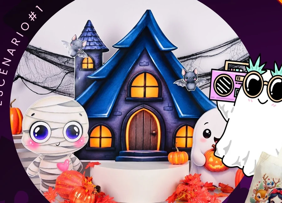 Escenario Halloween de foto estudios exclusivos con mansión encantada y personajes infantiles en Foto Mis Amigos.